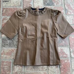 Ann Taylor Faux Leather Ruffle Neck Top Mocha Brown Structured XS Petite NWT